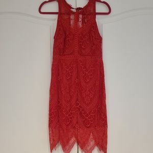 Lush Mini Dress Size M Red Crochet Lace Keyhole Open Back Staggered Raw Hem